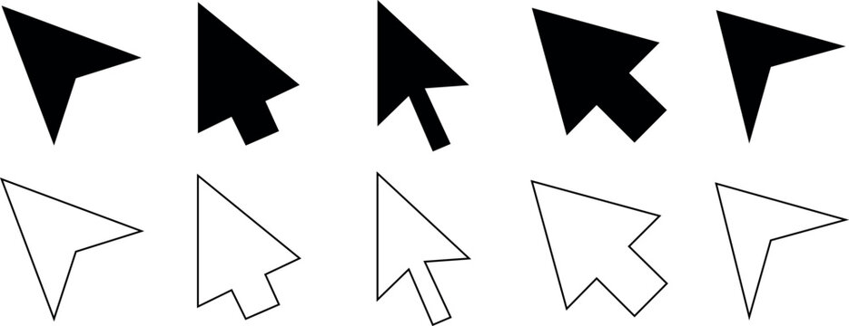 Mouse cursor arrow collection with filled and outline pointer icons for UI, UX and web design