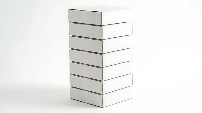 Stack of seven blank white cardboard boxes isolated on a clean studio background for e commerce packaging mockup and product delivery concept presentation