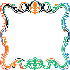 Decorative square border with fleur de lis symbols and colorful scrollwork patterns in orange green black and blue on transparent background for artistic framing and vintage inspired graphic art. © MIRZA