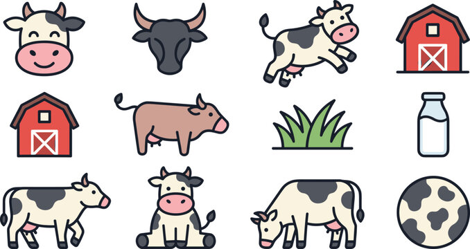 Cute farm cow icon set vector illustration featuring dairy cows, cattle heads, red barns, fresh milk bottle, grass, and animal pattern textures.