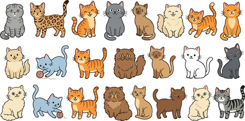 Cute cats vector cartoon set with different domestic feline breeds kittens playing sitting standing collection illustration © MDNAIMUR