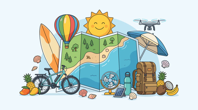Summer Travel Adventure Exploration with Various Vacation Elements.