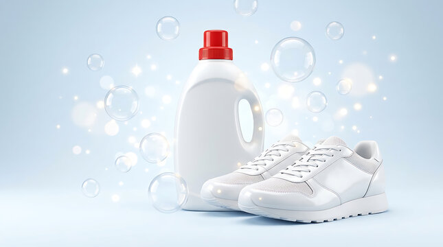 White detergent bottle with clean sneakers and fresh washing soap bubbles