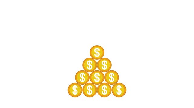 Golden dollar coins stacking into a pyramid on a white background