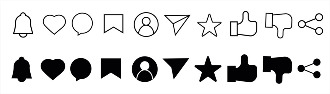 Minimalist digital interface icon set featuring speech bubble heart shape share icon notification bell and user profile silhouette in outline and solid black graphic style.