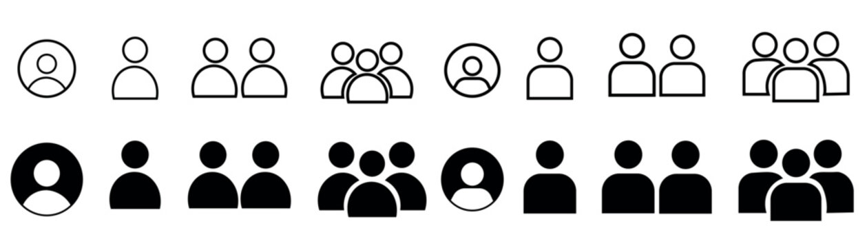 People icons set representing users, groups, and individuals in various outlined and solid black styles for digital interfaces and applications.