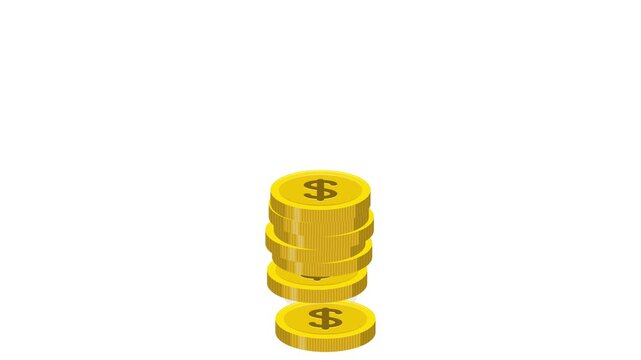 Gold dollar coins falling and stacking against a white background