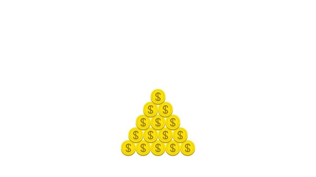 Gold dollar coins falling and stacking into a pyramid shape