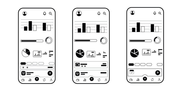Three mobile interface dashboard screen layouts showing data visualization charts graphs progress bars wallet statistics icons and navigation menu for financial application.