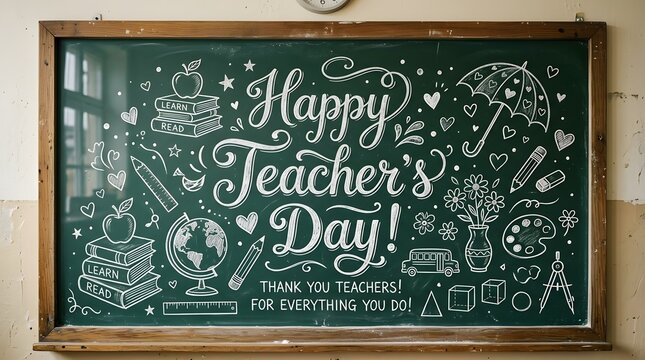 Happy teachers day chalkboard illustration with educational icons and heartfelt message