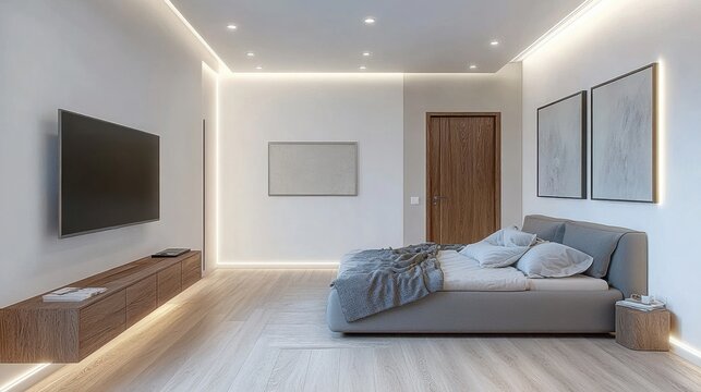 Modern bedroom with minimalist decor and ambient lighting