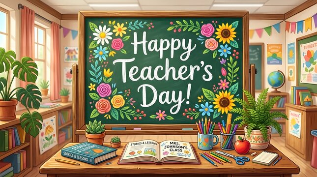 Happy teachers day classroom illustration festive chalkboard books and school supplies for educational greetings