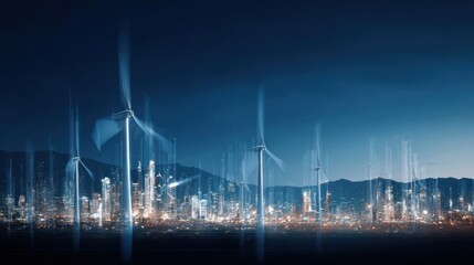 Naklejka premium Wind turbines over city lights