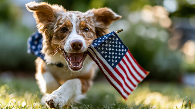 A happy dog bounding across bright sunlit grass carrying a small American flag candid playful summer scene soft greenery behind pet patriotism with copy space