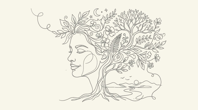 Line art illustration of a woman with a tree and floral hair profile.