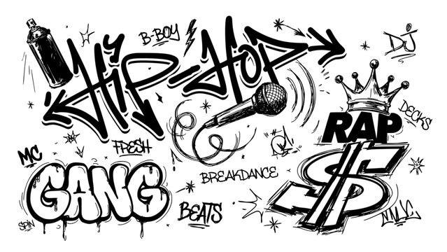 Graffiti Tags and Street Art Letters Form a Hip-Hop Urban Design Concept for Music Culture Wall Decor