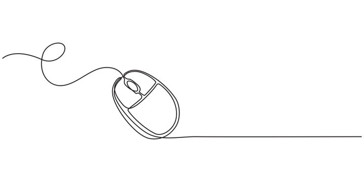 Continuous one line drawing of computer mouse icon. Minimalism drawing of phrase illustration., Computer mouse continuous one line drawing, Single line art illustration white background, Drawn