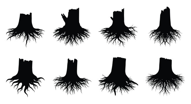 Tree Stump Silhouettes With Root Systems Black On White Background
