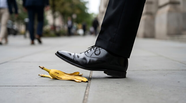 Imminent street accident an elegant shoe approaches a slippery banana peel, a common urban hazard