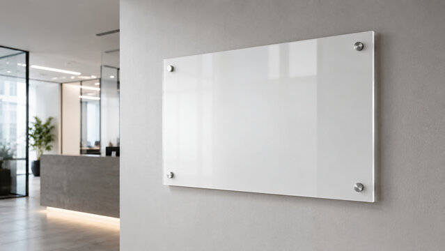 A modern office interior with a blank white glass board mounted on a gray wall, featuring minimalist design and natural lighting.