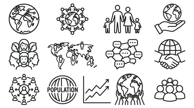 Global Population Icons Set: Earth, Community, Family, Hand, Network, People