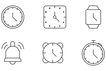 Fototapeta premium Time and Alarm Line Icons Set with Clock, Stopwatch, Bell and Smartwatch Vector Illustration