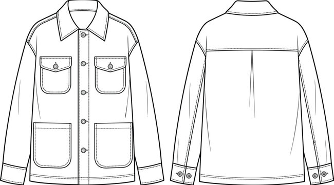 Technical fashion flat sketch of men&rsquo;s collared button‑down jacket with chest flap pockets, patch pockets, cuffs, and back pleat
