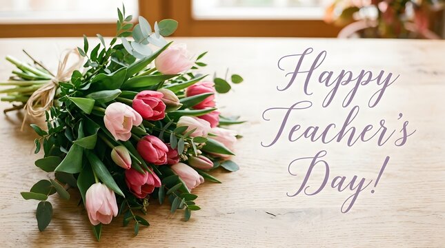 Happy teachers day pink and white tulips bouquet with eucalyptus appreciation gift for educators