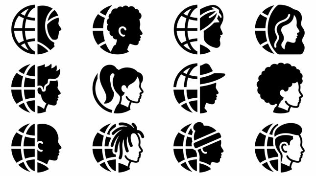 Diverse Globe Faces Icons: Unity, Global Community, People, Culture, Ethnicity, Diversity