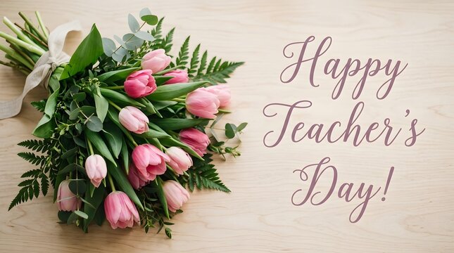 Happy teachers day pink tulips bouquet greeting card