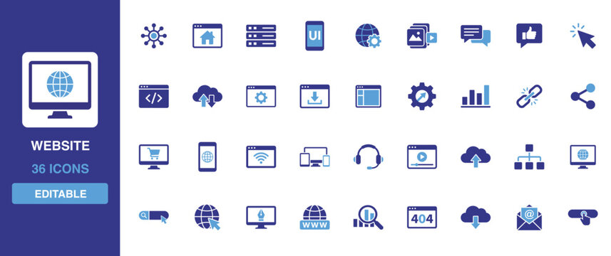 Website icon set including home pages, digital hosting, cloud transfers, code scripting and global browser accessibility glyph symbols for computer programmers.