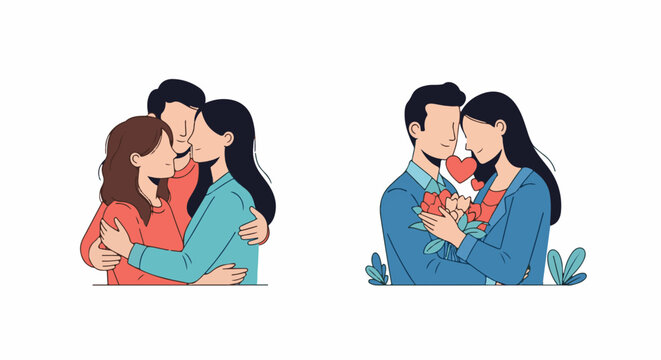 Two embracing couples in a minimalist illustration style celebrating love and affection