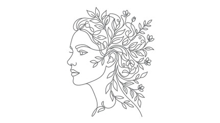 Fototapeta premium Line art illustration of a woman with floral hair and leaves.