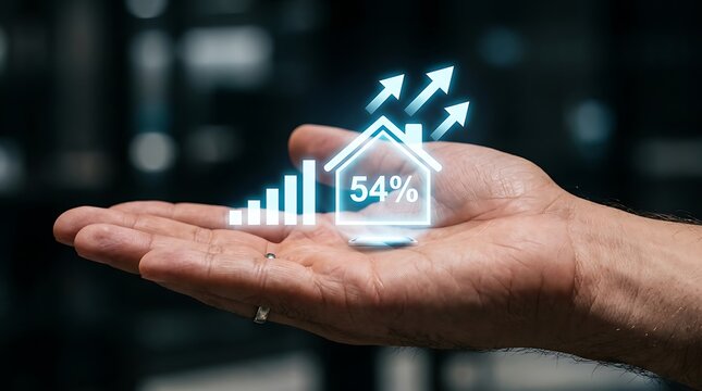 Human hand holding a glowing holographic house with a fifty four percent growth graph and rising arrows representing real estate market success