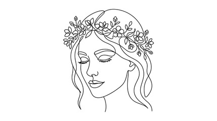 Fototapeta premium Minimalist line art illustration of a woman wearing a floral crown.