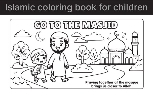 Islamic scene with children and mosque illustration for coloring book pages