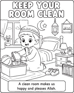 Islamic manners illustration of a boy tidying his room black and white line art