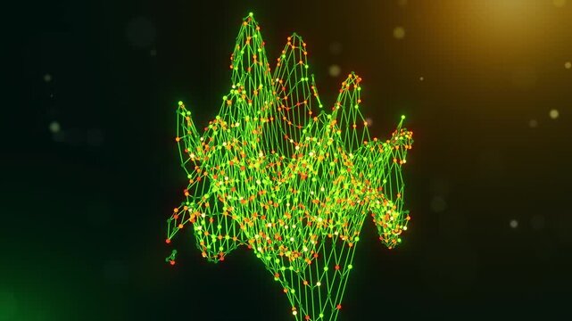 Dynamic Mauritius map animation built from interconnected neural nodes and flowing digital links over a green yellow orange bokeh background, representing AI and digital transformation.