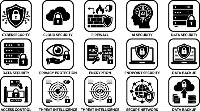 Data protection solid icon set. Featuring cybersecurity, cloud security, firewall, AI security, data security, privacy protection, encryption, and more icons. Solid icon collection