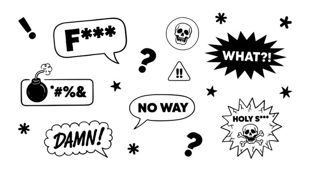Speech Bubbles and Exclamation Icons with Profanity Symbols and Warning Signs on White Background Featuring Speechbubbles