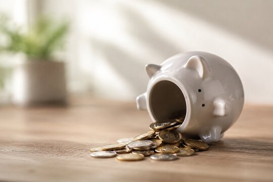 A ceramic piggy bank tipped over on a wooden table with spilled coins.
