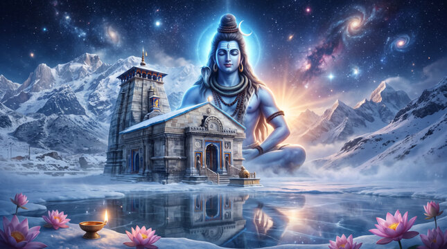 Majestic Lord Shiva Over Himalayan Temple in Snowy Landscape for Spiritual Festival Banner