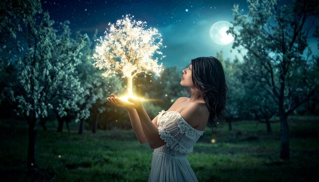 Young woman holding glowing magic tree of light in hands at night forest with full moon fantasy illustration