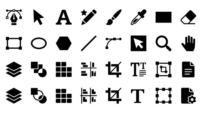 Set of black design tool icons for graphic software interface isolated on a plain white background.