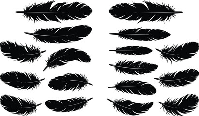 Fototapeta premium Black feather silhouettes set bird wing plume icons isolated on white