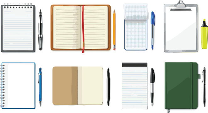 Notebook and stationery vector illustration set featuring open journals spiral pads clipboards pencils ink pens and neon highlighters for office desk organization.