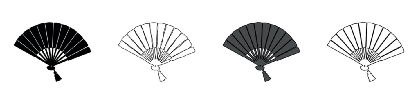 Set of four traditional folding fans in various styles and colors
