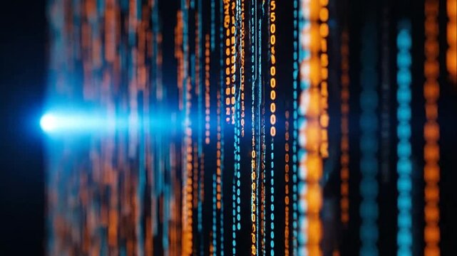 Abstract digital binary code stream with blue and orange glowing lights on dark background