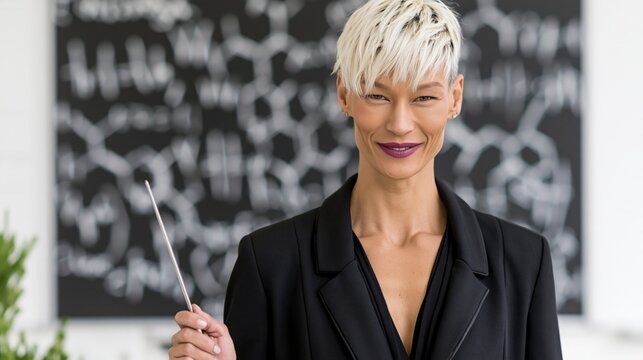 Person holding pointer in front of chalkboard with formulas