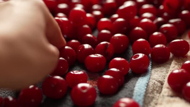 4K footage of a hand picking and selecting fresh ripe cherries